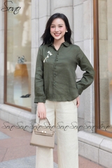 SONO - Áo sơ mi linen dài tay thêu chuồn chuồn