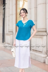 SONO - Áo linen tay dơi cổ tim thêu