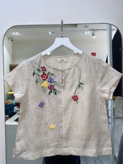 SONO - Áo linen nút bọc thêu hoa đỗ