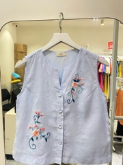 SONO - Áo linen sát nách cổ trụ V thêu đối xứng