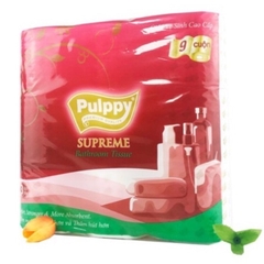 Giấy vệ sinh Pulppy Supreme 9 cuộn/xách 3 lớp cao cấp, 100% làm từ bột giấy