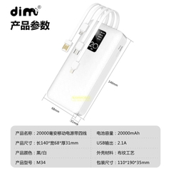 Pin sạc dự phòng 20.000mAh DIMI kèm 4 dây sạc Lightning- Type C- Micro USB chính hãng