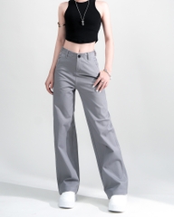 Quần Kaki Nữ Lưng Cao Ống Rộng Có Sidetab  Màu Xám Nhạt | KQSTYLING WIDE