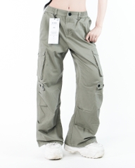 Quần Cargo Nữ Kaki Túi Hộp Ống Rộng 100% Cotton Mềm Màu Rêu Nhạt | KQSTYLING WIDE