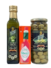 Combo Gia Vị Ăn Kèm Pizza Pasta (Tabasco đỏ 60ML + Dầu Olive Extra Virgin 250ML + Oliu Xanh Ngâm Muối 450G)