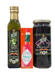 Combo Gia Vị Ăn Kèm Pizza Pasta (Tabasco đỏ 60ML + Dầu Olive Extra Virgin 250ML + Oliu Đen Ngâm Muối 450G)