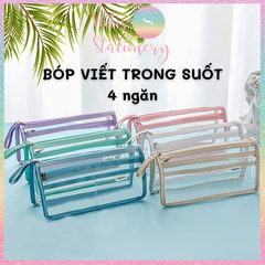 [HOTIS] Túi đựng bút trong suốt viền vải dung tích lớn 4 ngăn