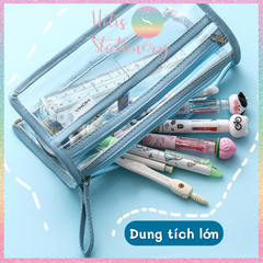 [HOTIS] Túi đựng bút trong suốt viền vải dung tích lớn 4 ngăn