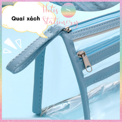 [HOTIS] Túi đựng bút trong suốt viền vải dung tích lớn 4 ngăn