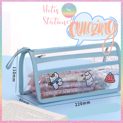 [HOTIS] Túi đựng bút trong suốt viền vải dung tích lớn 4 ngăn