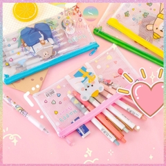 [HOTIS] Túi đựng bút trong suốt phối lưới in họa tiết hoạt hình dễ thương