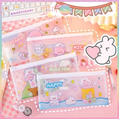 [HOTIS] Túi đựng bút trong suốt phối lưới in họa tiết hoạt hình dễ thương