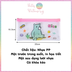 [HOTIS] Túi đựng bút trong suốt phối lưới in họa tiết hoạt hình dễ thương