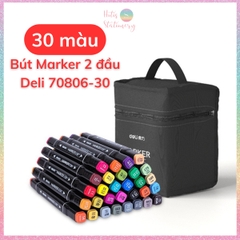 [HOTIS] Bút màu dạ Marker 2 đầu chuyên nghiệp DELI vẽ tranh viết calligraphy 30/40/60/80 màu - Kèm Túi vải