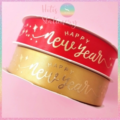 [HOTIS] Lẻ 1m / 5m - Ruy băng lụa ép kim chữ nổi Happy New Year - Bản rộng 2.5cm