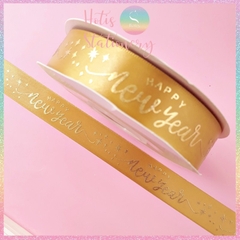 [HOTIS] Lẻ 1m / 5m - Ruy băng lụa ép kim chữ nổi Happy New Year - Bản rộng 2.5cm