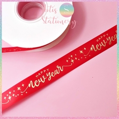 [HOTIS] Lẻ 1m / 5m - Ruy băng lụa ép kim chữ nổi Happy New Year - Bản rộng 2.5cm