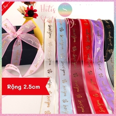 [HOTIS] [Lẻ 1m/ 5m] Ruy băng lưới Love You hoa hồng dập nổi vàng kim - Rộng 2.5cm