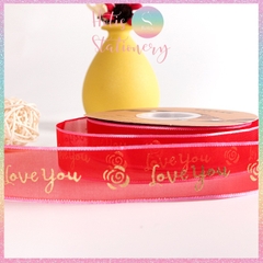 [HOTIS] [Lẻ 1m/ 5m] Ruy băng lưới Love You hoa hồng dập nổi vàng kim - Rộng 2.5cm