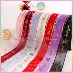 [HOTIS] Cuộn 18 mét Ruy băng lưới Love You hoa hồng dập nổi vàng kim - Rộng 2.5cm