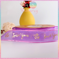 [HOTIS] Cuộn 18 mét Ruy băng lưới Love You hoa hồng dập nổi vàng kim - Rộng 2.5cm