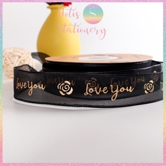 [HOTIS] [Lẻ 1m/ 5m] Ruy băng lưới Love You hoa hồng dập nổi vàng kim - Rộng 2.5cm