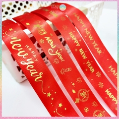 [HOTIS] Cuộn 22m Ruy băng lụa đỏ dập vàng kim Happy New Year Chúc Mừng Năm Mới