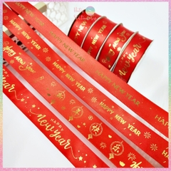 [HOTIS] Cuộn 22m Ruy băng lụa đỏ dập vàng kim Happy New Year Chúc Mừng Năm Mới