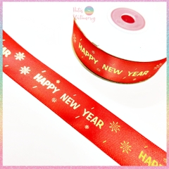 [HOTIS] Cuộn 22m Ruy băng lụa đỏ dập vàng kim Happy New Year Chúc Mừng Năm Mới