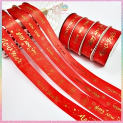 [HOTIS] Cuộn 22m Ruy băng lụa đỏ dập vàng kim Happy New Year Chúc Mừng Năm Mới