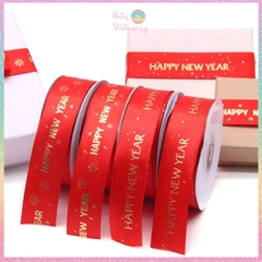 [HOTIS] Cuộn 22m Ruy băng lụa đỏ dập vàng kim Happy New Year Chúc Mừng Năm Mới