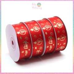 [HOTIS] Cuộn 22m Ruy băng lụa đỏ dập vàng kim Happy New Year Chúc Mừng Năm Mới