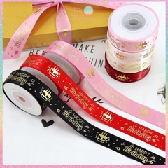 [HOTIS] Lẻ 5 mét - Ruy băng lụa Happy Birthday Chúc mừng sinh nhật in hình dập nổi vàng ánh kim làm nơ, bó hoa, gói quà - Rộng 2cm
