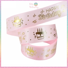 [HOTIS] Lẻ 5 mét - Ruy băng lụa Happy Birthday Chúc mừng sinh nhật in hình dập nổi vàng ánh kim làm nơ, bó hoa, gói quà - Rộng 2cm