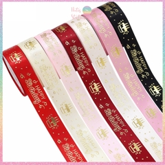 [HOTIS] Lẻ 5 mét - Ruy băng lụa Happy Birthday Chúc mừng sinh nhật in hình dập nổi vàng ánh kim làm nơ, bó hoa, gói quà - Rộng 2cm