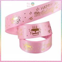 [HOTIS] Lẻ 5 mét - Ruy băng lụa Happy Birthday Chúc mừng sinh nhật in hình dập nổi vàng ánh kim làm nơ, bó hoa, gói quà - Rộng 2cm