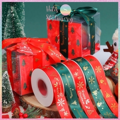[HOTIS] Cuộn 22m Ruy băng Giáng Sinh Noel Merry Christmas màu xanh đỏ ánh kim dùng để gói quà, làm nơ