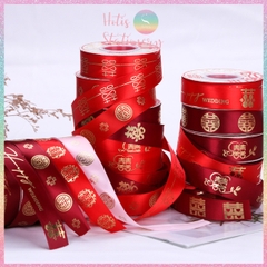 [HOTIS] Cuộn 22m Ruy băng Đám cưới Happy Wedding màu đỏ ánh kim dùng để gói quà, làm nơ, bó hoa