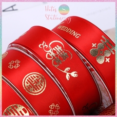 [HOTIS] Cuộn 22m Ruy băng Đám cưới Happy Wedding màu đỏ ánh kim dùng để gói quà, làm nơ, bó hoa