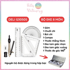 [HOTIS] Bộ Compa Thước Kẻ Eke 8 món DELI, Hộp thiếc cao cấp, tiện lợi