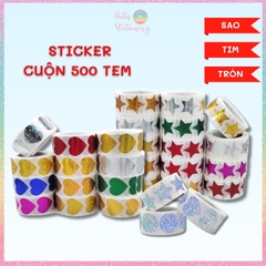 [HOTIS] 50 mẫu - Cuộn 500 tem dán sticker ngôi sao, trái tim, hình tròn lấp lánh dán trang trí hộp quà
