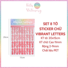 [HOTIS] Set 8 tờ Sticker chữ in Vibrant Letters 16 màu PET chống nước, dán trang trí sổ, bình nước, laptop