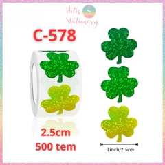 [HOTIS] Cuộn 500 Tem Dán Sticker Cỏ Ba Lá - Size 2.5cm & 3.8cm - Bóc Dán Dễ Dàng, Trang Trí Đẹp Mắt