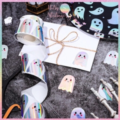 [HOTIS] Cuộn 500 Tem Nhãn Dán Trang Trí Hình Ma Tiny Boo Holographic - Phụ Kiện Tiệc Tùng Cực Xịn, Kích Thước 3.8cm