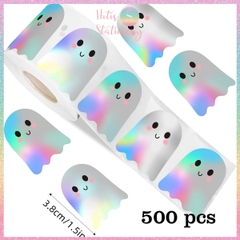 [HOTIS] Cuộn 500 Tem Nhãn Dán Trang Trí Hình Ma Tiny Boo Holographic - Phụ Kiện Tiệc Tùng Cực Xịn, Kích Thước 3.8cm