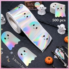[HOTIS] Cuộn 500 Tem Nhãn Dán Trang Trí Hình Ma Tiny Boo Holographic - Phụ Kiện Tiệc Tùng Cực Xịn, Kích Thước 3.8cm