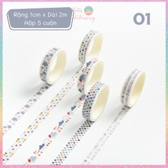 [HOTIS] Hộp 5 cuộn washi tape có hoa văn đa dạng - Rộng 1cm, Dài 2m