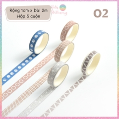 [HOTIS] Hộp 5 cuộn washi tape có hoa văn đa dạng - Rộng 1cm, Dài 2m
