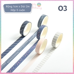 [HOTIS] Hộp 5 cuộn washi tape có hoa văn đa dạng - Rộng 1cm, Dài 2m