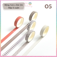 [HOTIS] Hộp 5 cuộn washi tape có hoa văn đa dạng - Rộng 1cm, Dài 2m